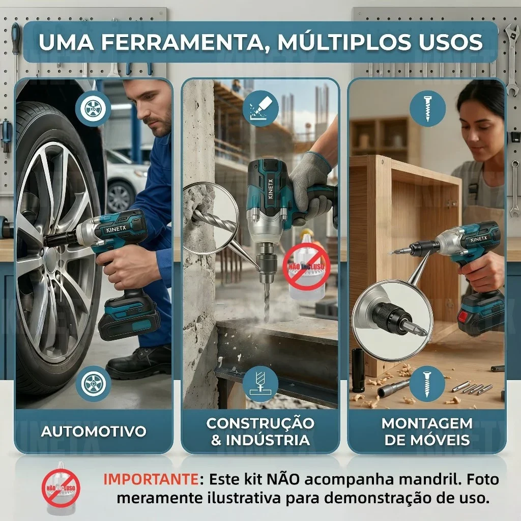 Chave de Impacto KINETX Sem Escova 68VF 880Nm 2 Baterias Com Acessórios Completos 3 e 1 Furadeira e Chave Inglesa Bivolt