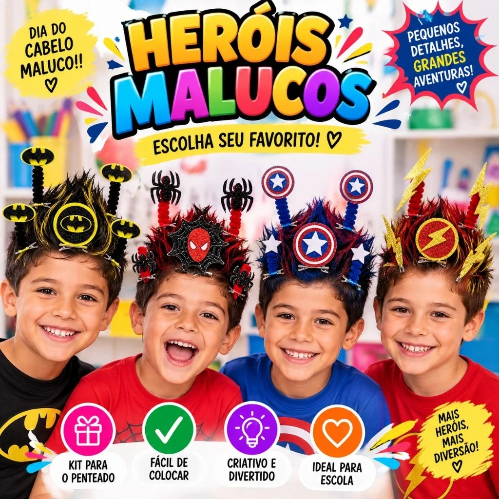 Cabelo Maluco Kit Acessórios Infantil Criativo para Escola Festa Penteado Menino Menina